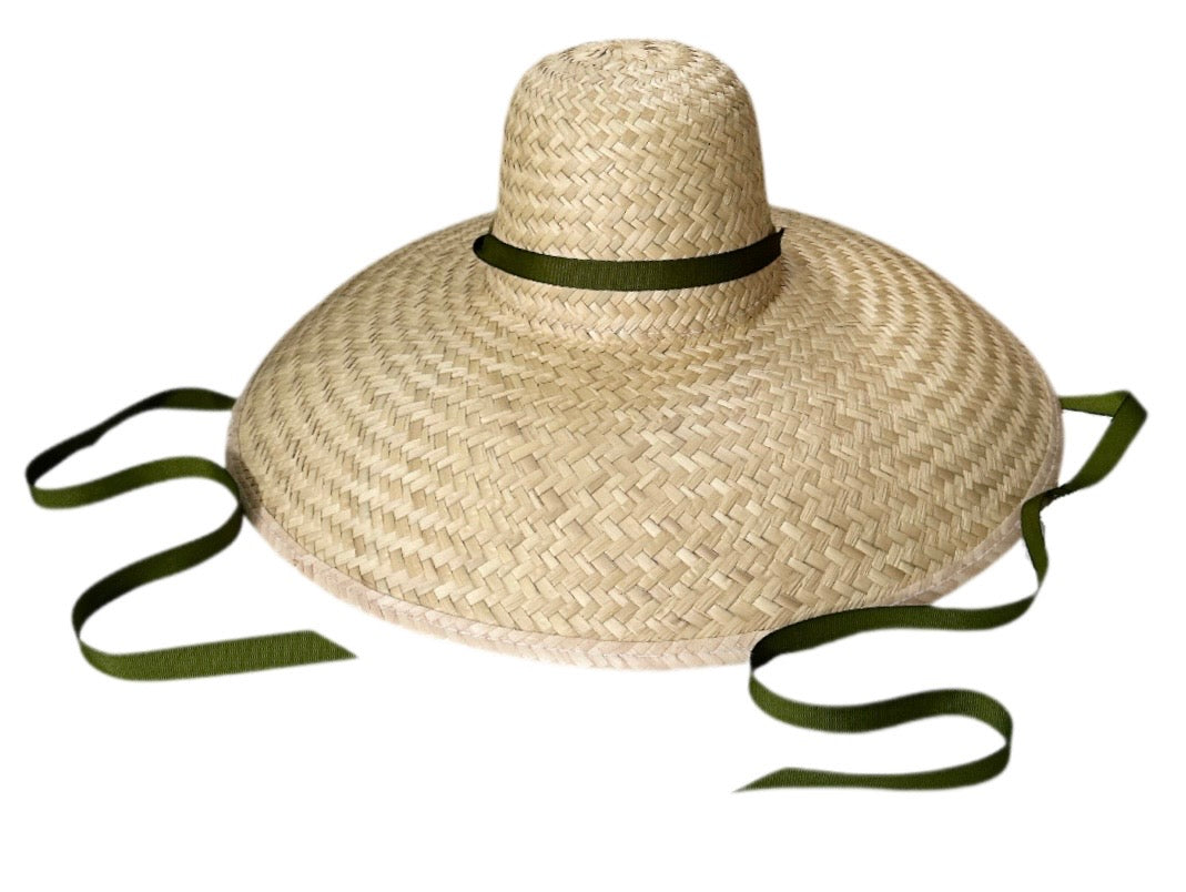 Sombrero para el sol con geranio - Cinta de grogrén oliva larga y fina