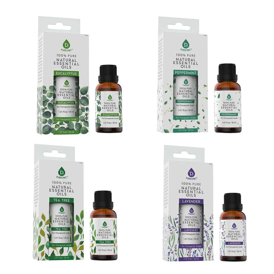 Pursonic 4-Pack Pure & Natural Essential Oils Collection – Eucalyptus, Lavender, Tea Tree, and Peppermint