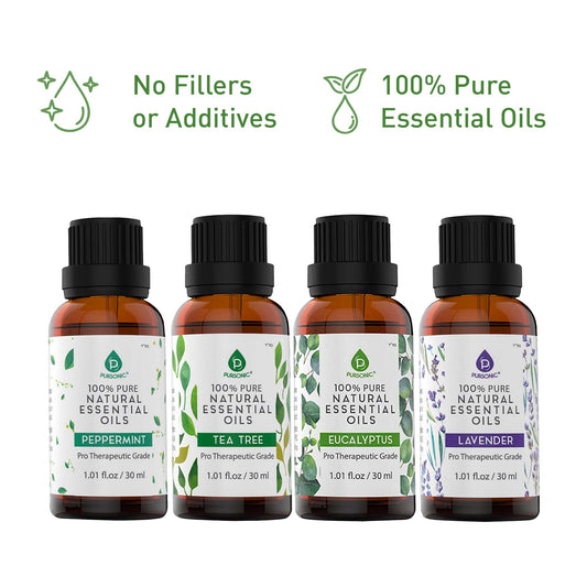 Pursonic 4-Pack Pure & Natural Essential Oils Collection – Eucalyptus, Lavender, Tea Tree, and Peppermint