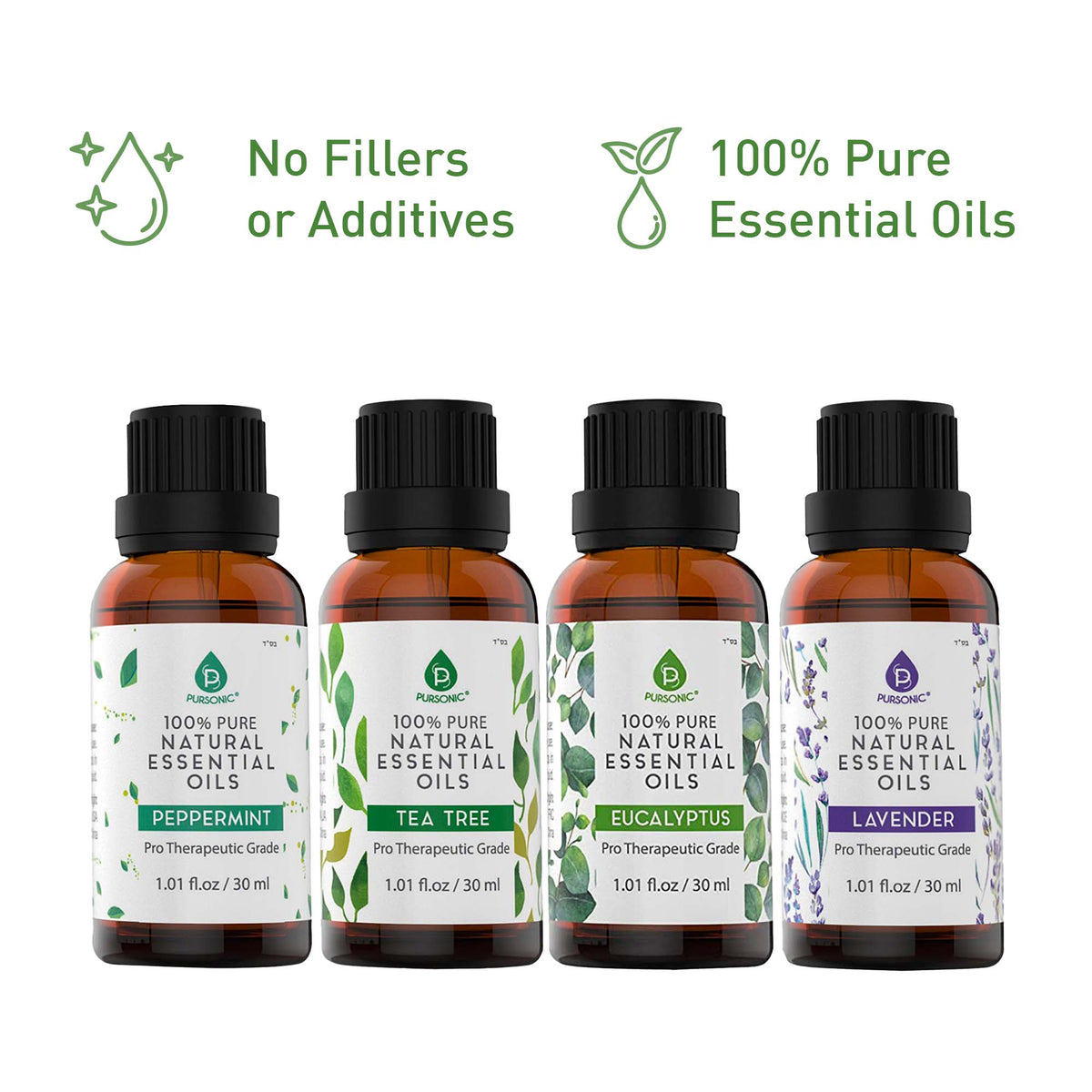 Pursonic 4-Pack Pure & Natural Essential Oils Collection – Eucalyptus, Lavender, Tea Tree, and Peppermint