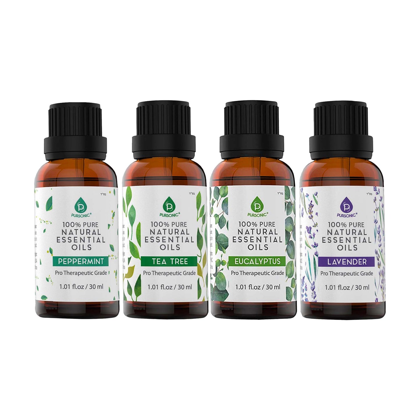 Pursonic 4-Pack Pure & Natural Essential Oils Collection – Eucalyptus, Lavender, Tea Tree, and Peppermint