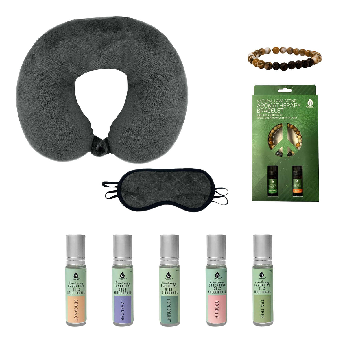 Set Sleep Serenity: Roll-ons de aceites esenciales de aromaterapia Pursonic, pulsera de piedra volcánica, almohada de viaje de espuma viscoelástica con antifaz para dormir
