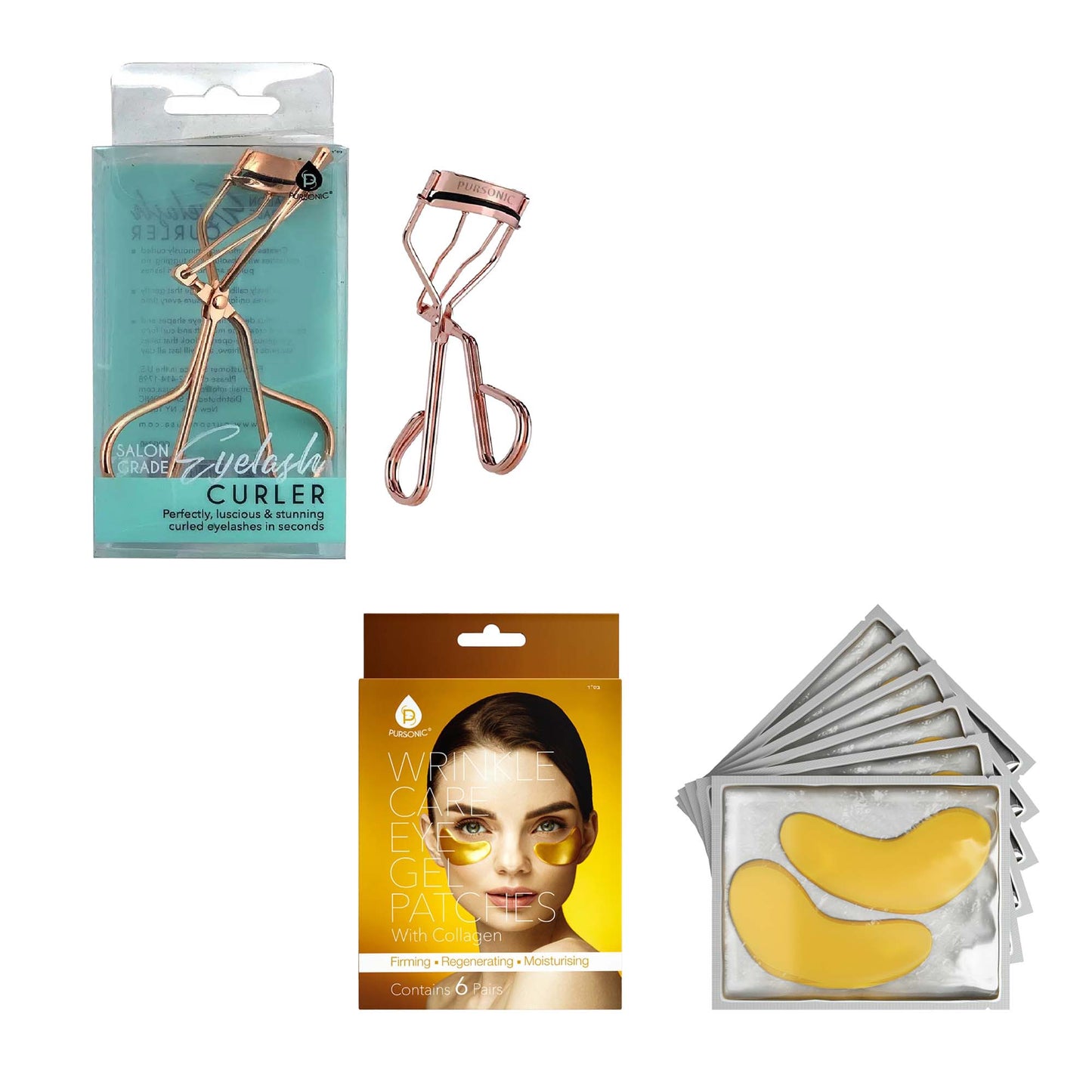 Pursonic Ultimate Eye Care & Beauty Bundle: Wrinkle Care Eye Gel Patches + Salon Grade Eyelash Curler