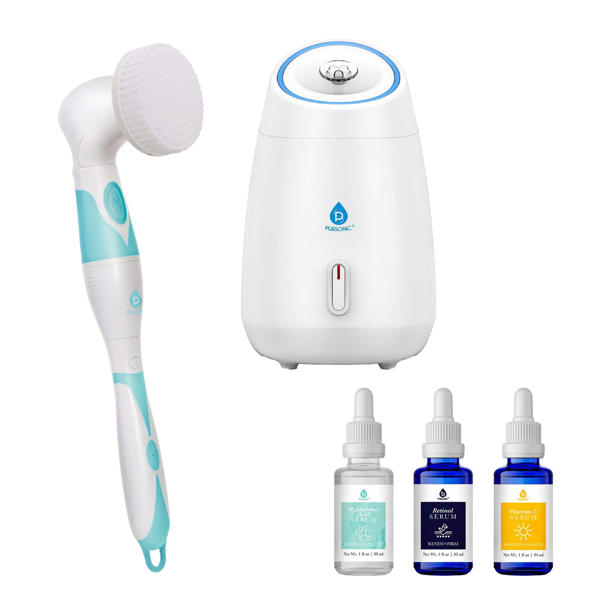 Paquete completo de spa y cuidado de la piel Pursonic: vaporizador facial, cepillo limpiador y sérum antiedad
