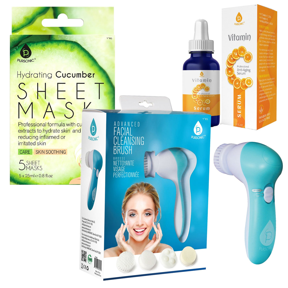 Paquete de regalo Ultimate Skincare: Mascarillas hidratantes de pepino, cepillo de limpieza facial avanzado, suero de vitamina C (85 ml)