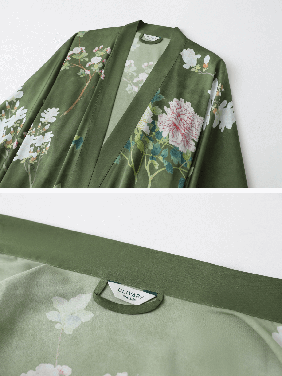 Bata kimono floral de oliva