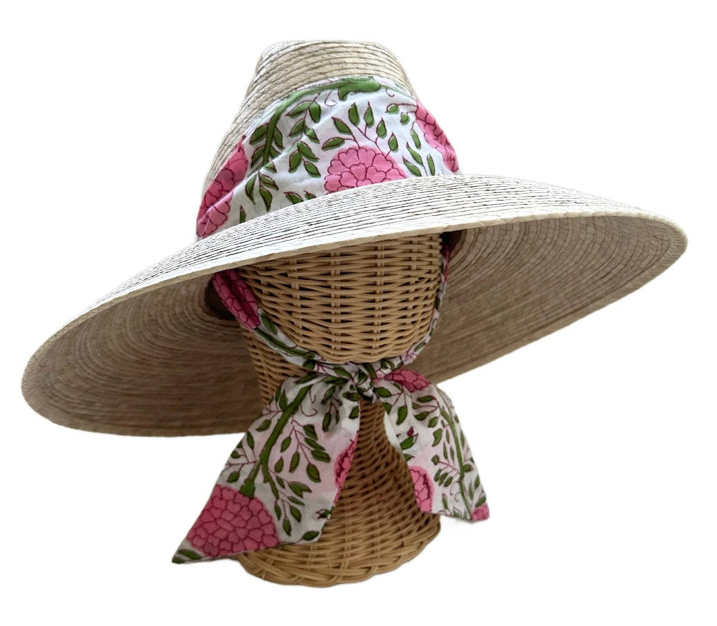 Hollyhock Sun Hat - Pink Marigold Block Print Hat Scarf
