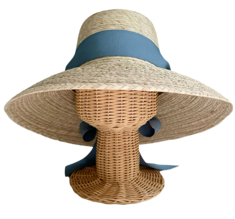 Conjunto de sombrero para el sol para mamá y yo - Flor silvestre y palmito - Cinta de grogrén azul francés