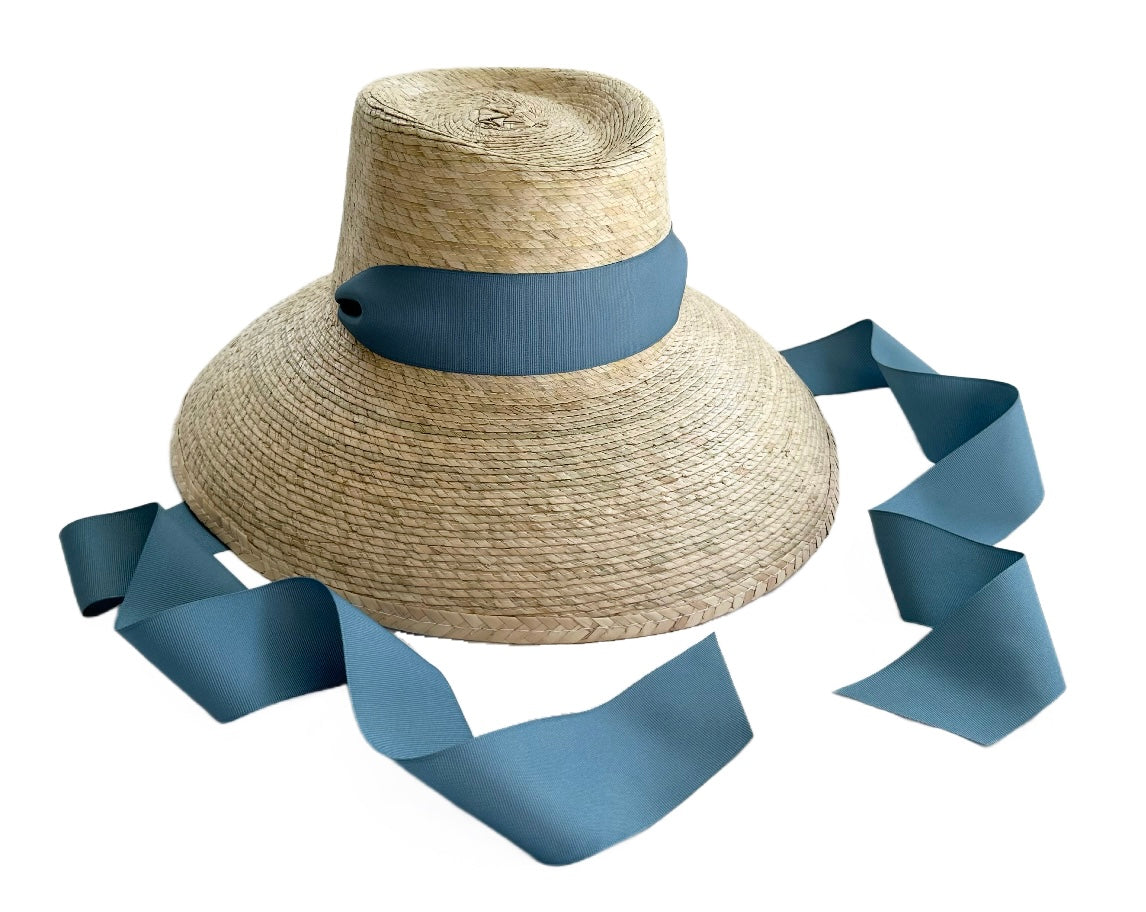Conjunto de sombrero para el sol para mamá y yo - Flor silvestre y palmito - Cinta de grogrén azul francés