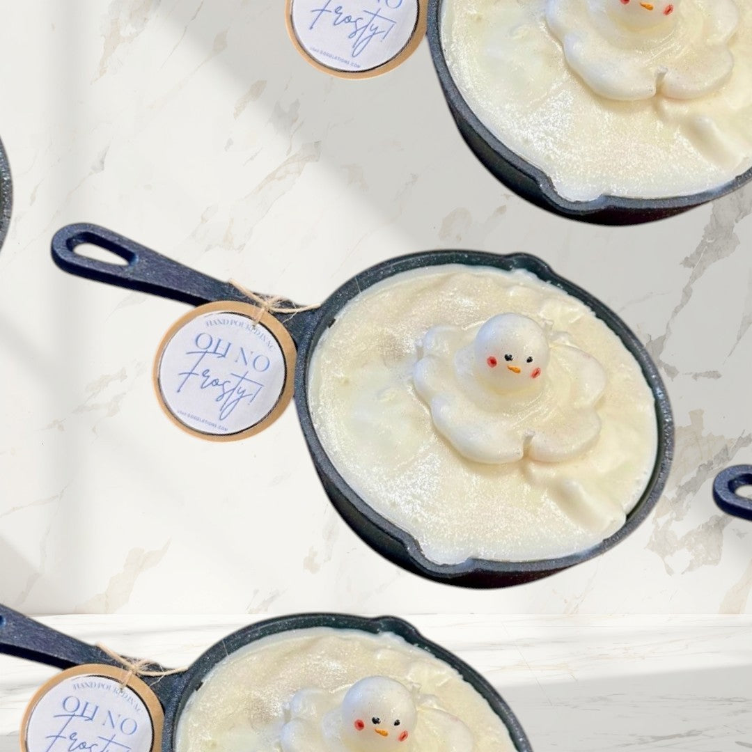 Doodlations Unique Candle | Melting Snowman Skillet