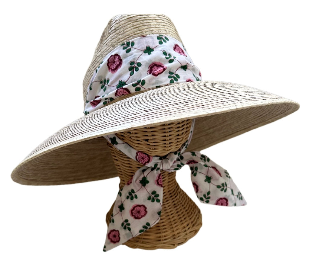 Hollyhock Sun Hat - Pink Pansy Block Print Hat Scarf