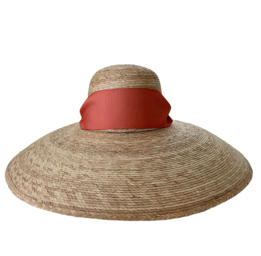 Daisy Sun Hat - Wide & Short Coral Grosgrain Ribbon