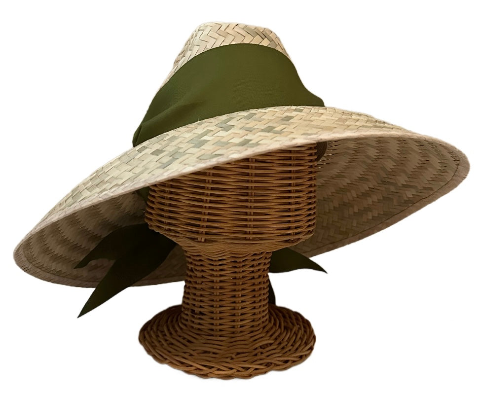 Sombrero para el sol Begonia - Cinta de grogrén ancha y corta verde oliva