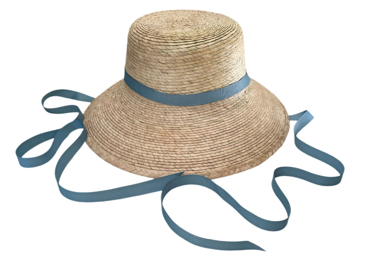 Conjunto de sombrero para el sol para mamá y yo - Flor silvestre y palmito - Cinta de grogrén azul francés