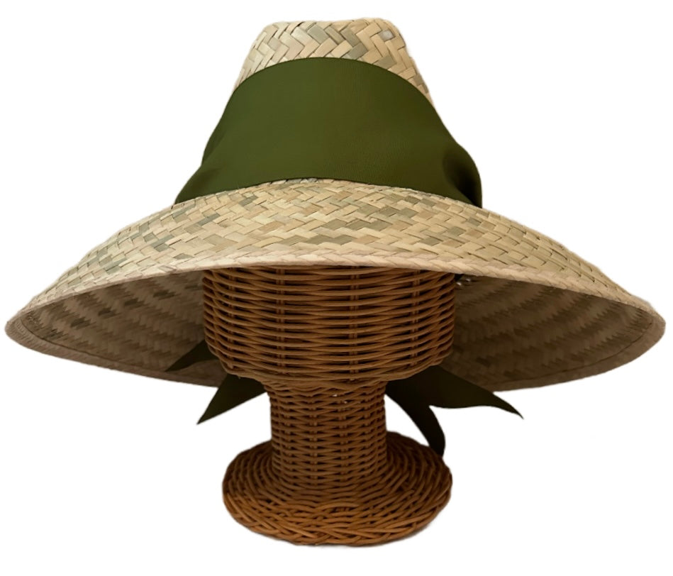 Sombrero para el sol Begonia - Cinta de grogrén ancha y corta verde oliva