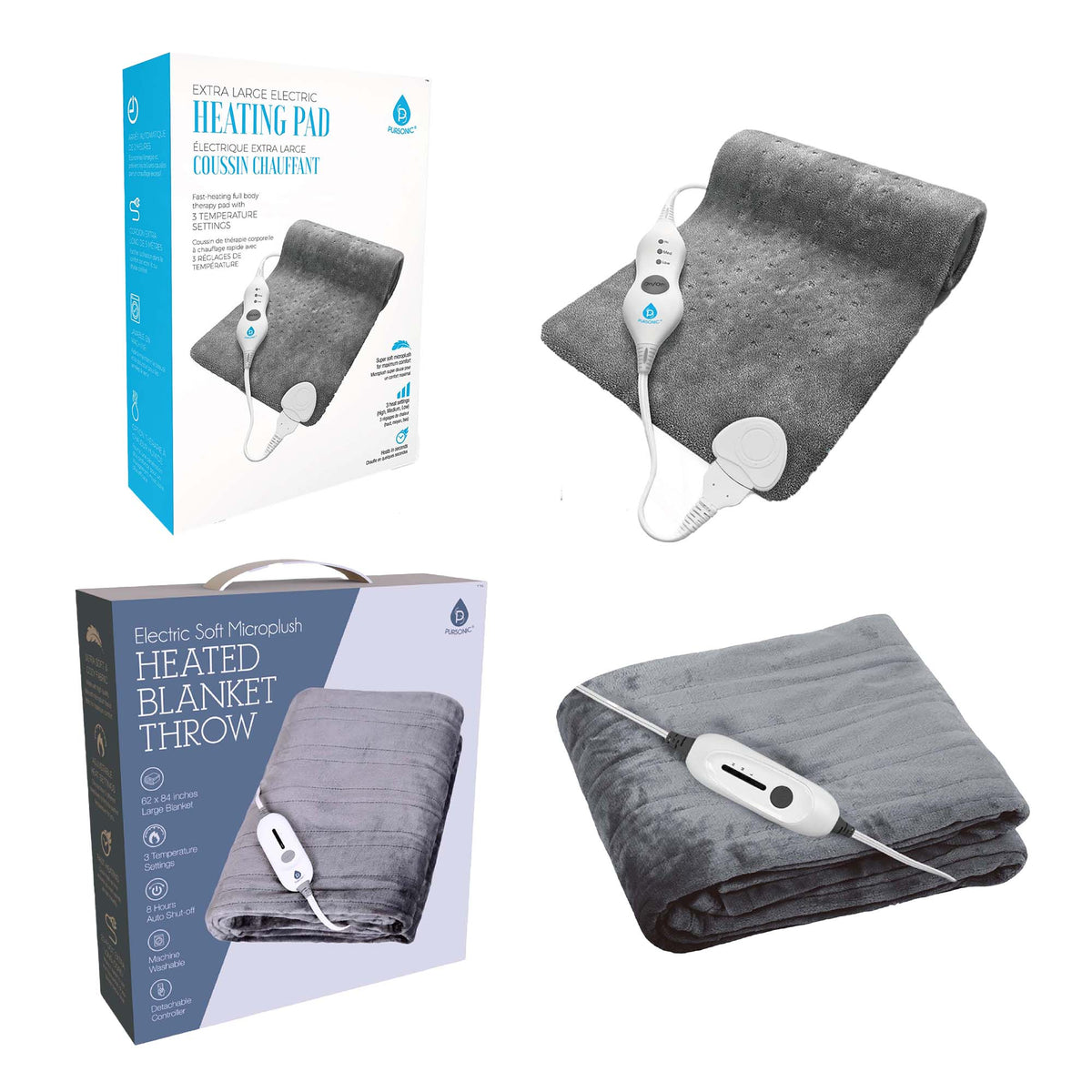 Pursonic Cozy Comfort Bundle – Electric Heated Microplush Blanket and Heating Pad Set