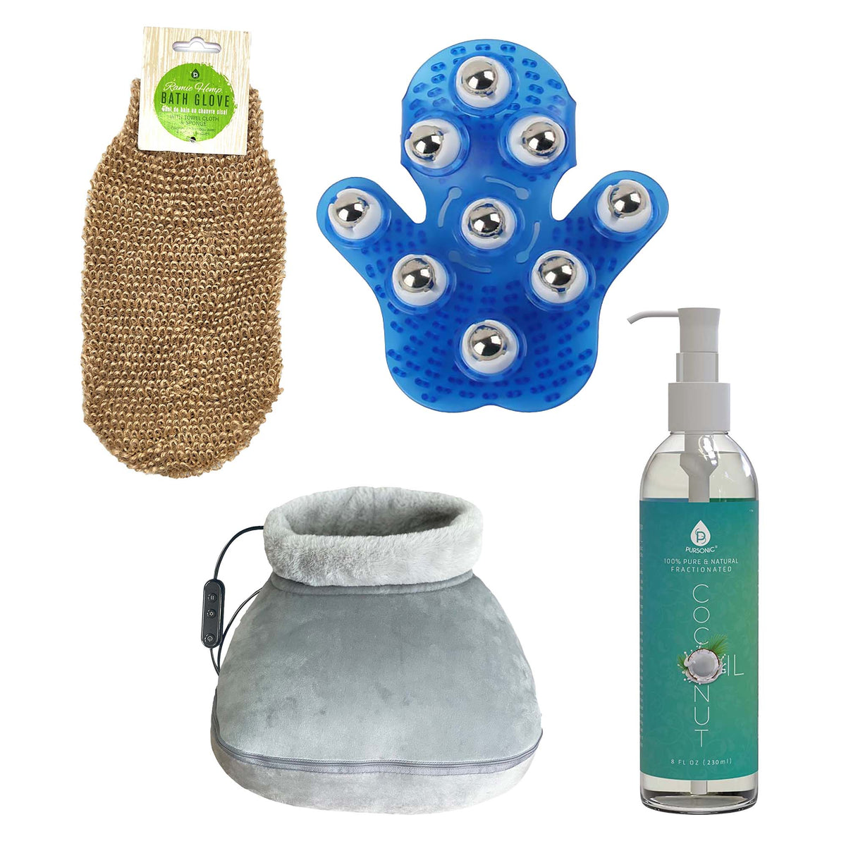Paquete de bienestar de fin de semana: Guante de masaje de palma, masajeador de pies con calefacción, aceite de coco y guante de baño exfoliante.