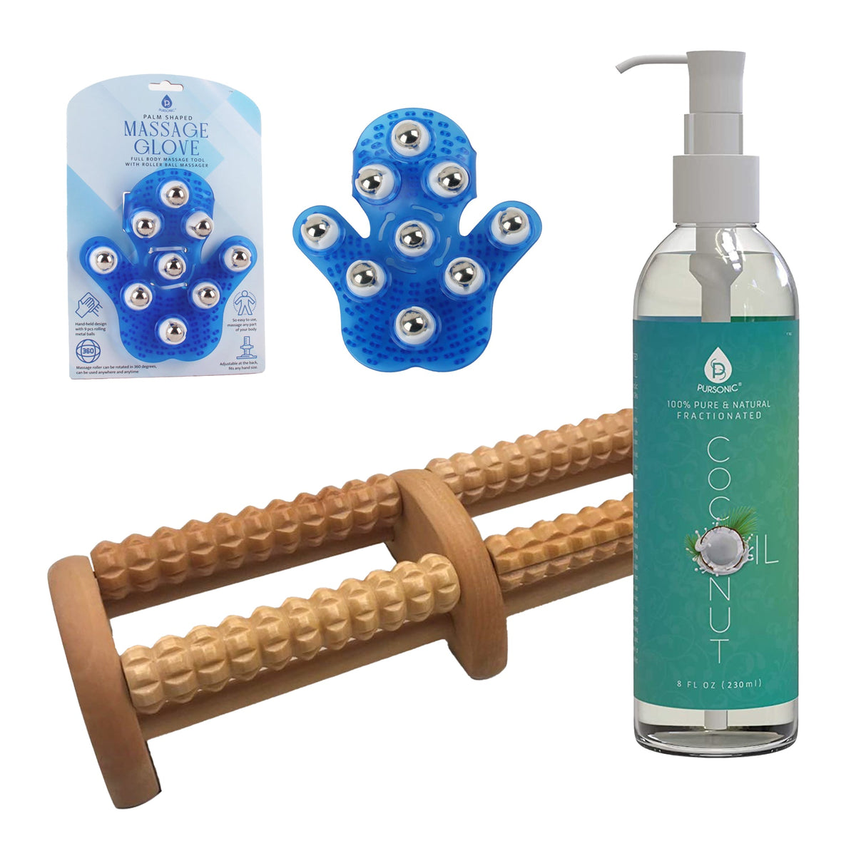 Paquete de regalo de relajación Pursonic: Guante de masaje con forma de palma, masajeador de pies de madera y aceite de coco fraccionado.