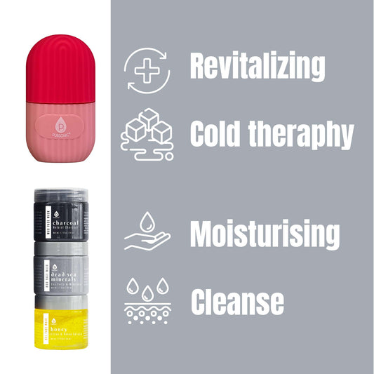 Ice Cube Facial Roller Massager & 3 Pack Facial Therapy Mud Face Mask Bundle