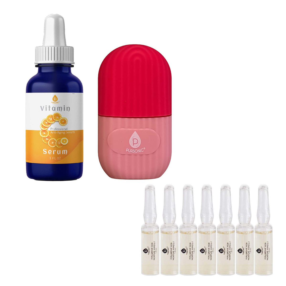 Paquete de cuidado de la piel Pursonic Radiant Glow & Refresh: Masajeador facial con rodillo Ice Cube + Sérum de vitamina C + Ampollas de ácido hialurónico