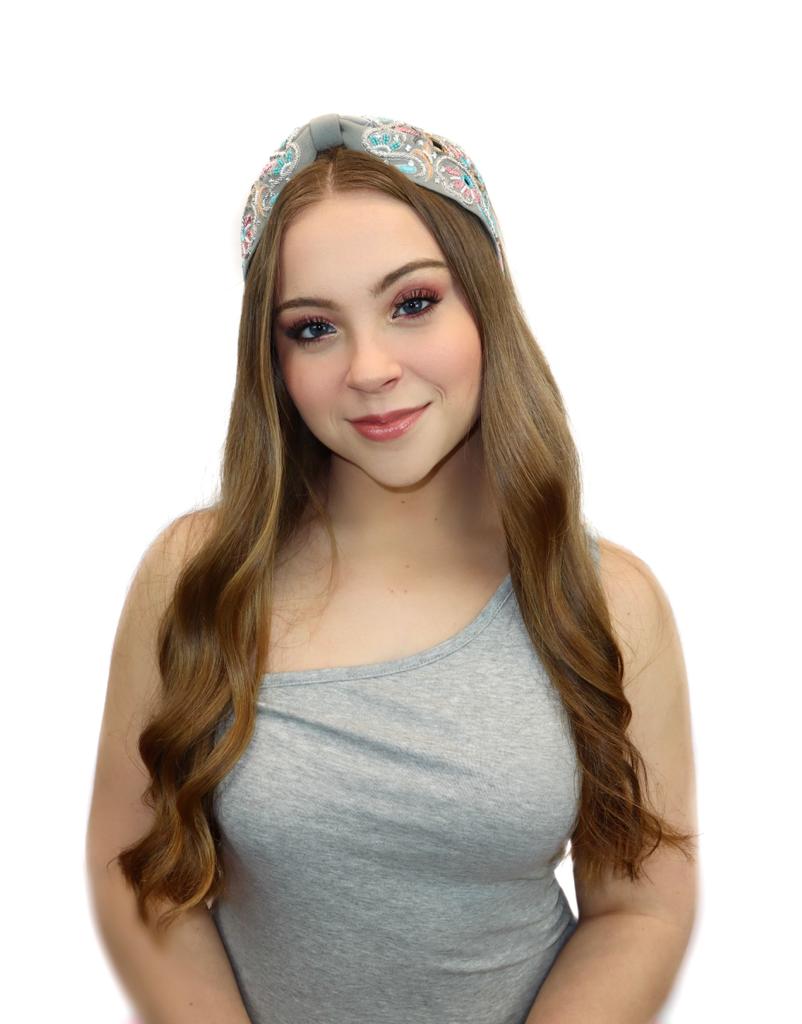 Floriated and Embroidered Wide Headband (Grey Blossoms)