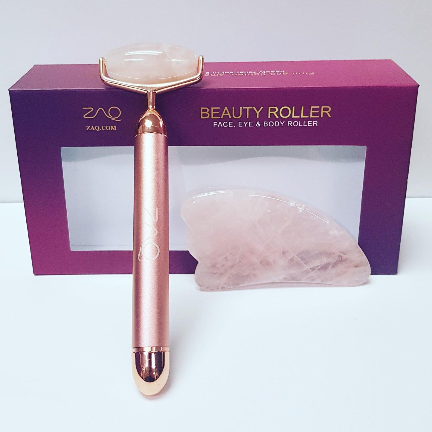 ZAQ Roll-On Rose Quartz W-Sonic Vibrating Face Roller + Gus Sha Set
