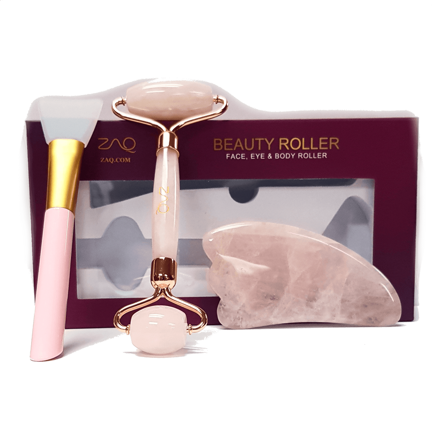 ZAQ Rose Quartz Facial Roller, Gua Sha Board + Brush Set