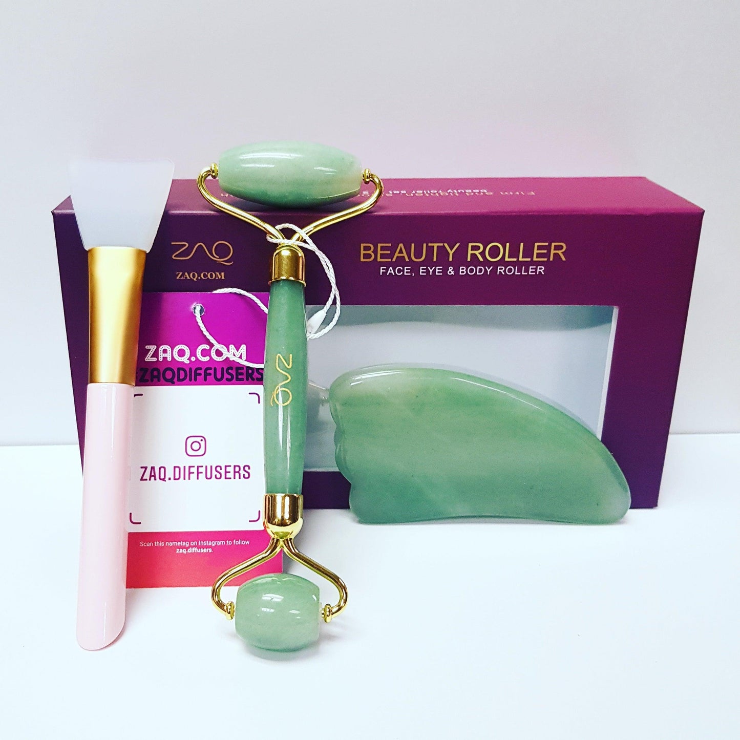Jade Facial Roller, Gua Sha Board + Brush