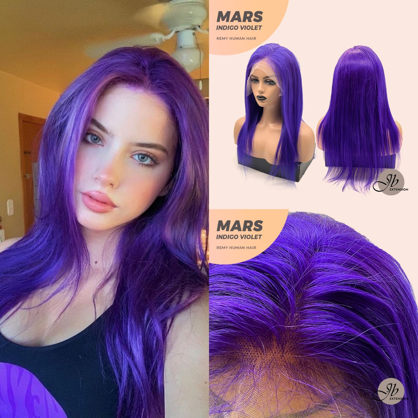 JBEXTENSION Real Human Hair 18 inches 13X5 Lakefront Free Parting 150 Density MARS ( INDIGO VIOLET )