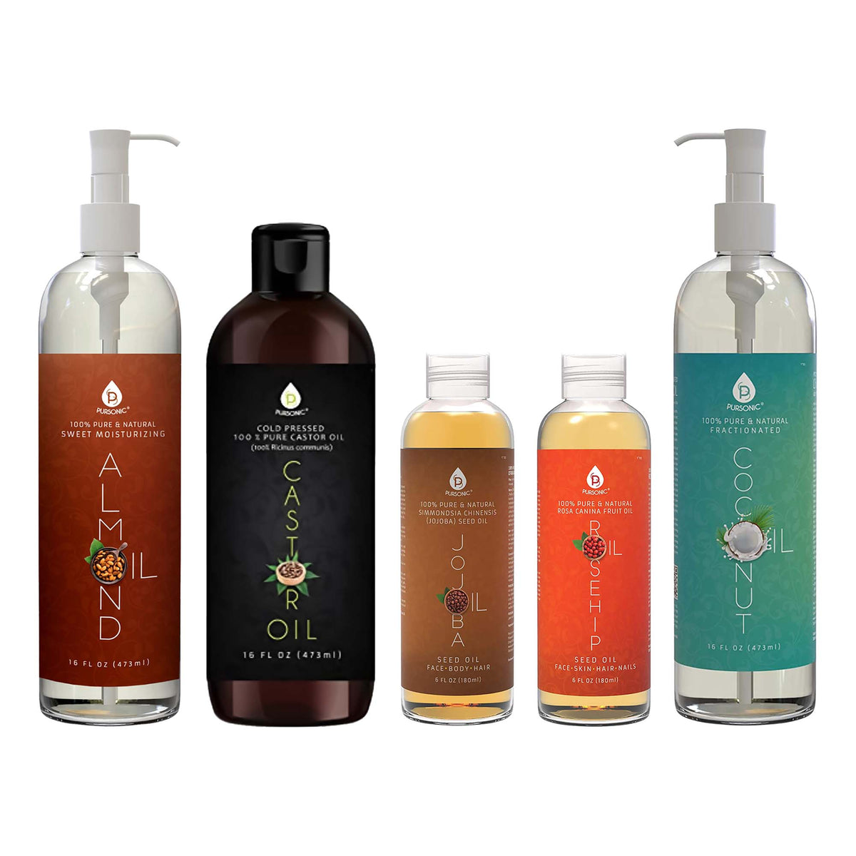 Pursonic Essential Oils & Skin Care Mega Bundle – 100% Pure Golden Jojoba Oil, Rosehip Oil, Sweet Almond Oil, Fractionated Coconut Oil, and Castor Oil