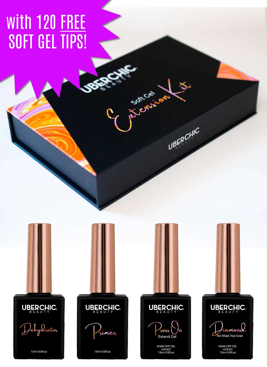 Soft Gel Kit: 3-Step Soak Off Nail Extension System with Bonus Gel Top Coat + FREE Soft Gel Tips!