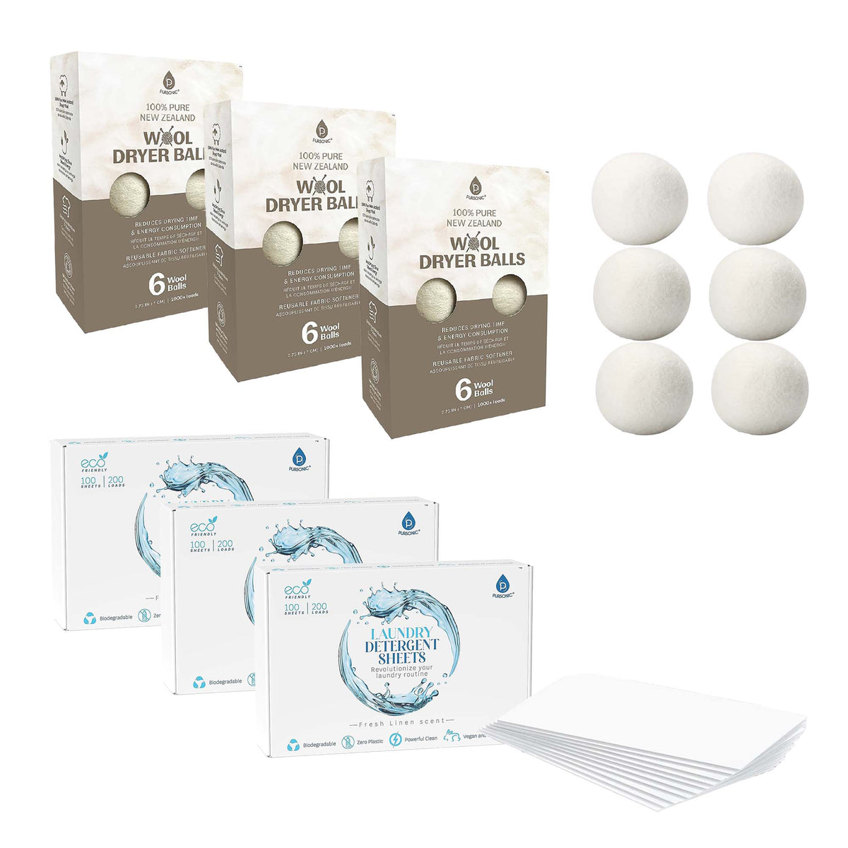 Paquete de detergente ecológico Pursonic: 3 paquetes de toallitas de detergente natural y 3 paquetes de bolas de lana de Nueva Zelanda para secadora.