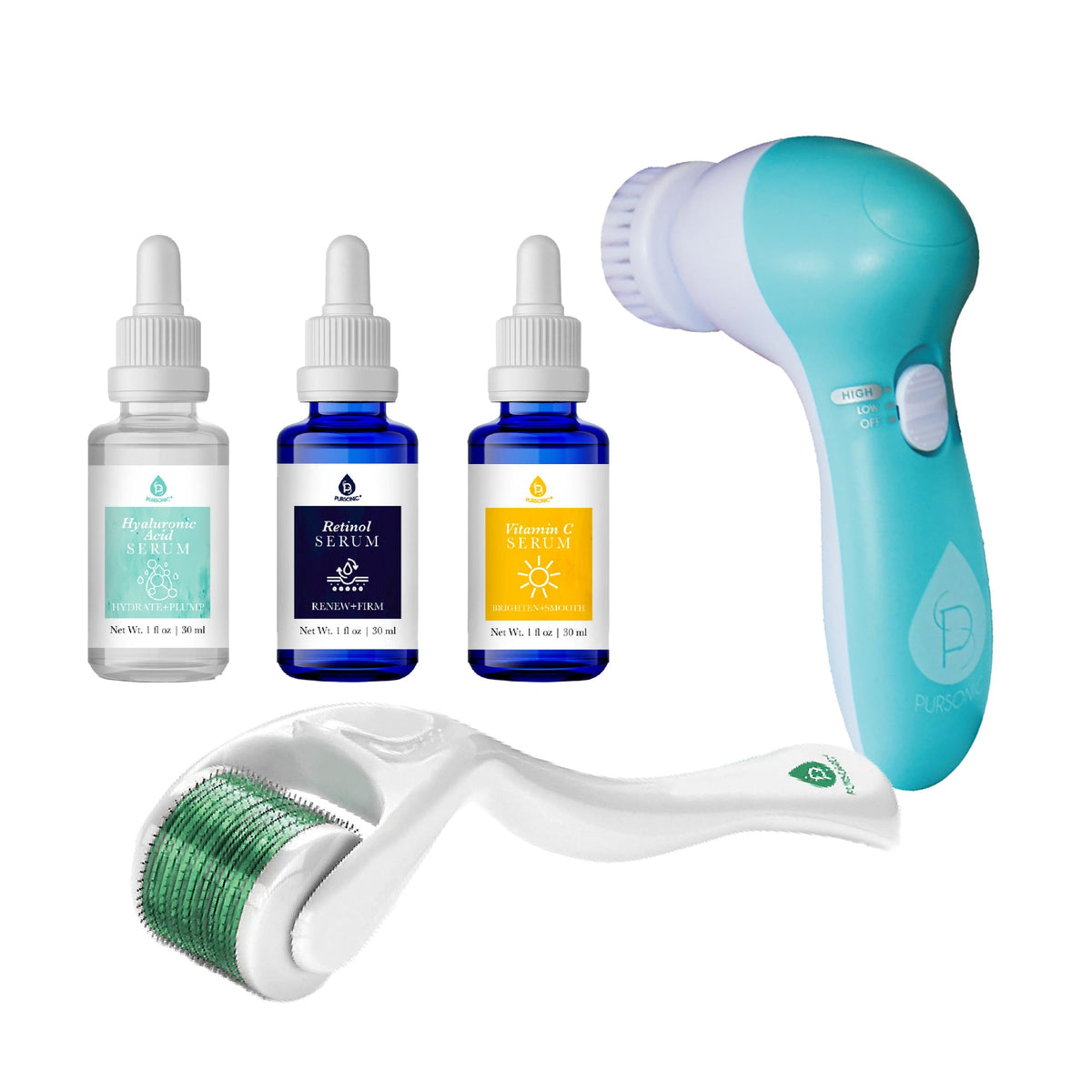 Cepillo de limpieza facial avanzado, set de suero antiedad y rodillo de microagujas para piel sensible