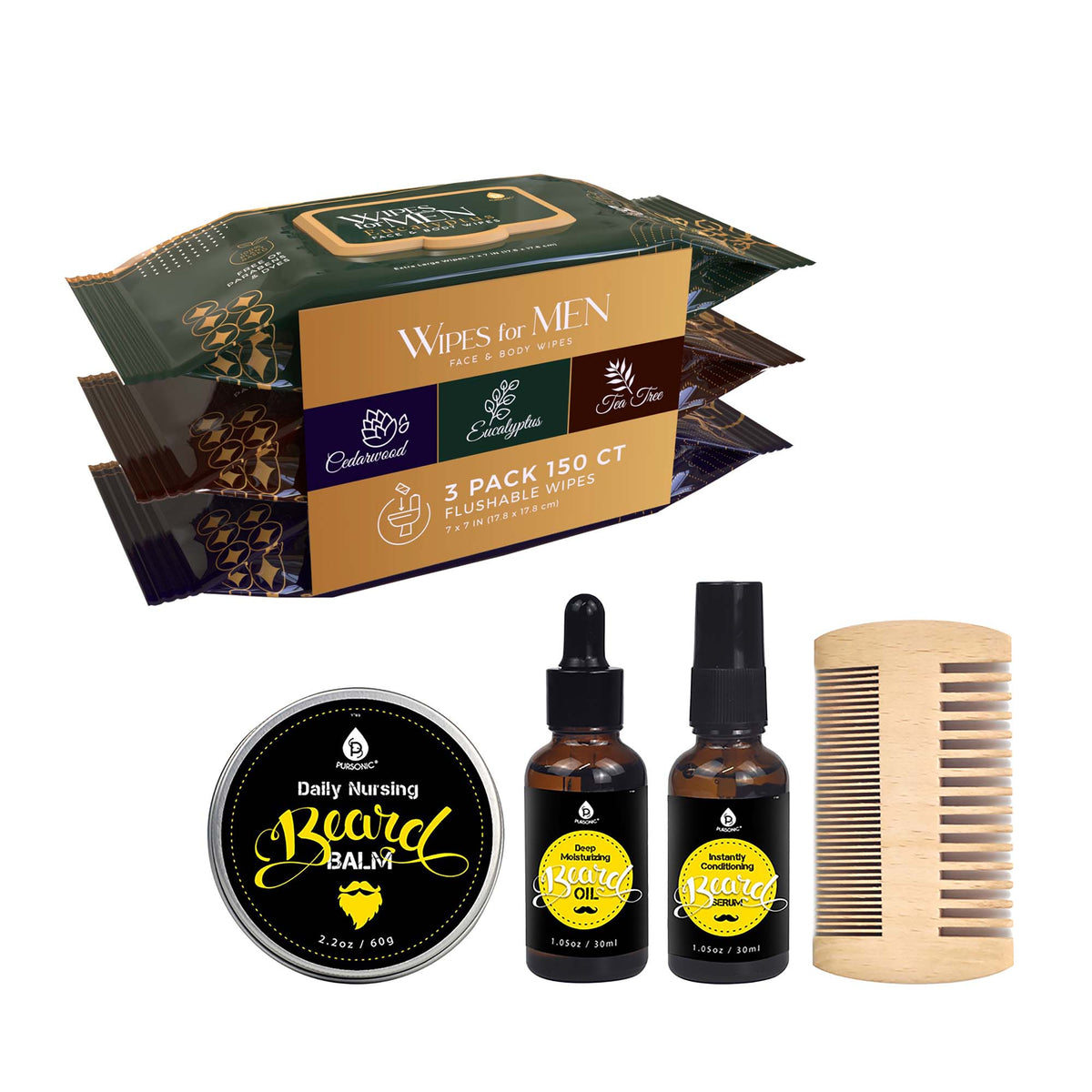 Paquete de artículos esenciales para el cuidado personal masculino: toallitas faciales y corporales surtidas (paquete de 3, madera de cedro, árbol de té, eucalipto) + kit de cuidado de barba Pursonic