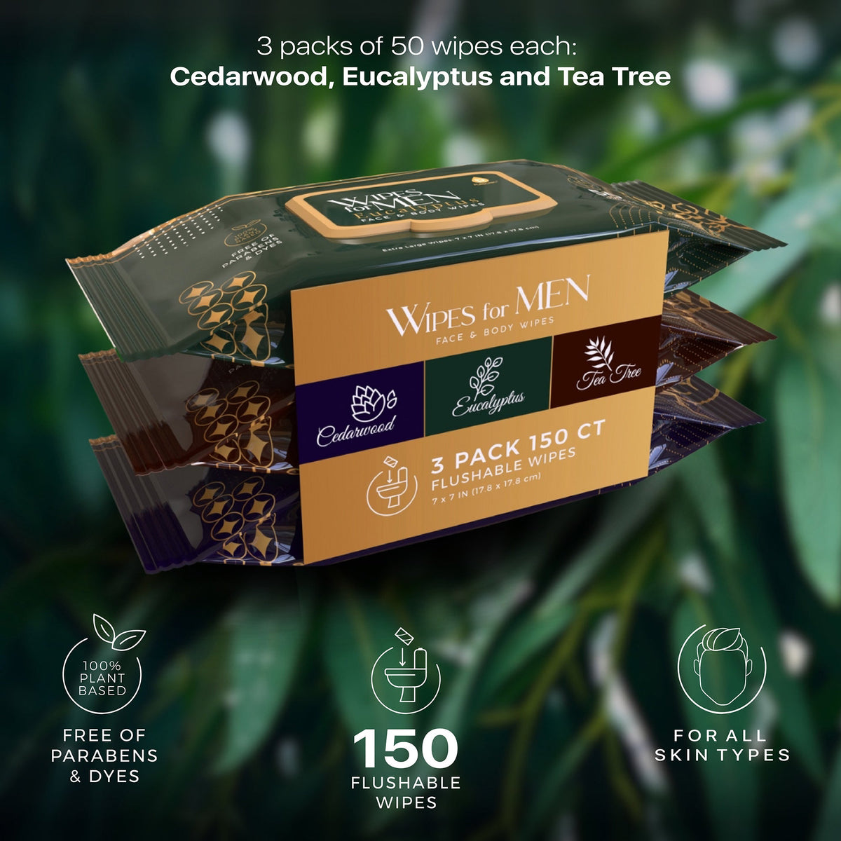 Toallitas faciales y corporales surtidas para hombres: cedro, árbol de té y eucalipto (paquete de 3, 150 toallitas)