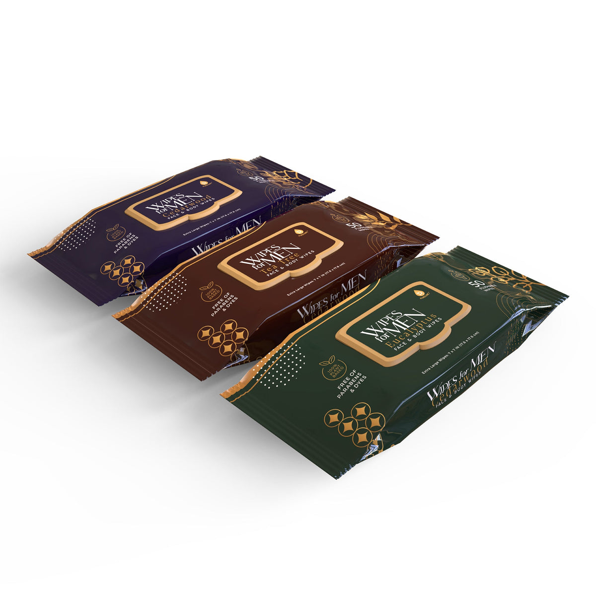 Toallitas faciales y corporales surtidas para hombres: cedro, árbol de té y eucalipto (paquete de 3, 150 toallitas)