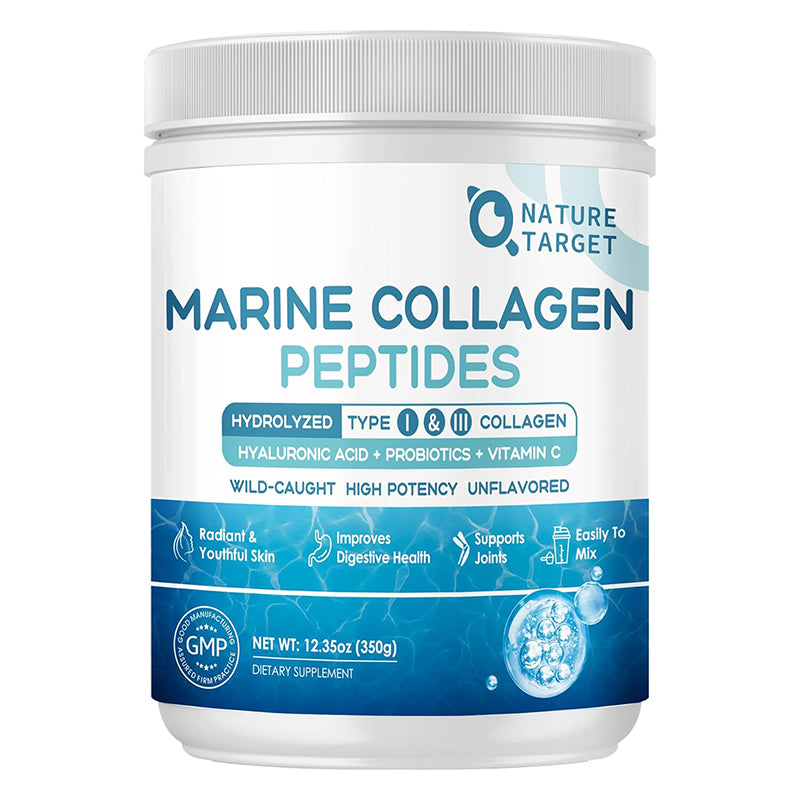 Marine Collagen Peptides 8g, Type I & III + Elastin 1g + Hyaluronic Acid 600mg + Vitamin C 200mg, Unflavored, 35 Servings