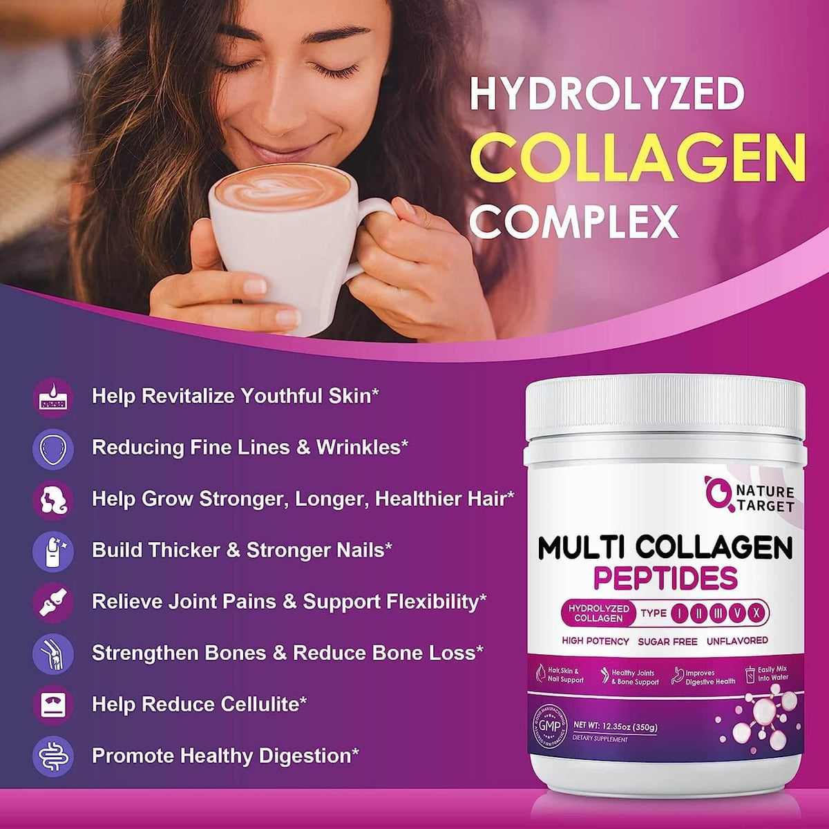 Multi Collagen Peptides 9200mg, Type I II III V X + Hyaluronic Acid 35mg + Vitamin C 70mg + Probiotics 3B CFUs, Unflavored, 35 Servings
