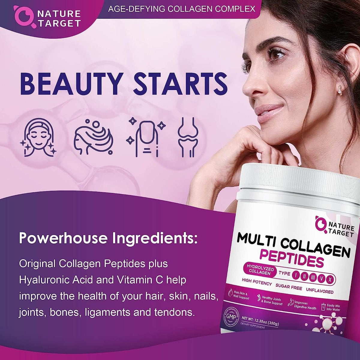 Multi Collagen Peptides 9200mg, Type I II III V X + Hyaluronic Acid 35mg + Vitamin C 70mg + Probiotics 3B CFUs, Unflavored, 35 Servings