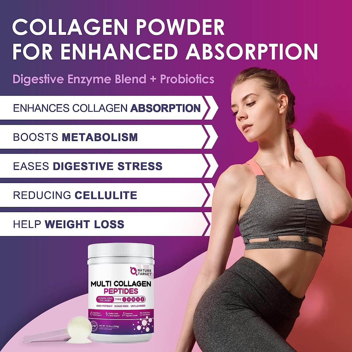 Multi Collagen Peptides 9200mg, Type I II III V X + Hyaluronic Acid 35mg + Vitamin C 70mg + Probiotics 3B CFUs, Unflavored, 35 Servings