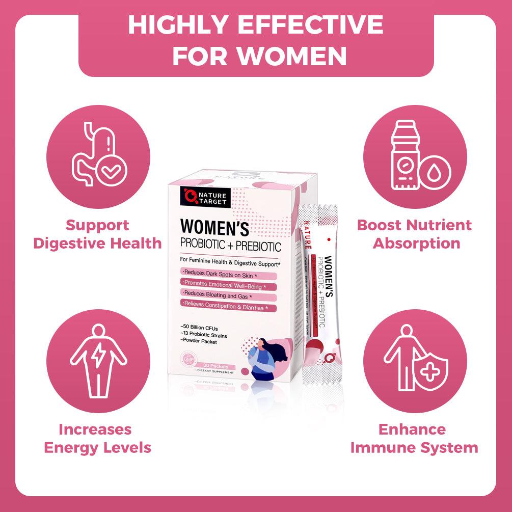 Women's Probiotic + Prebiotic Powder, 50 Billion CFUs, 13 Strains, Prebiotic Blend 1380mg, 30 Servings