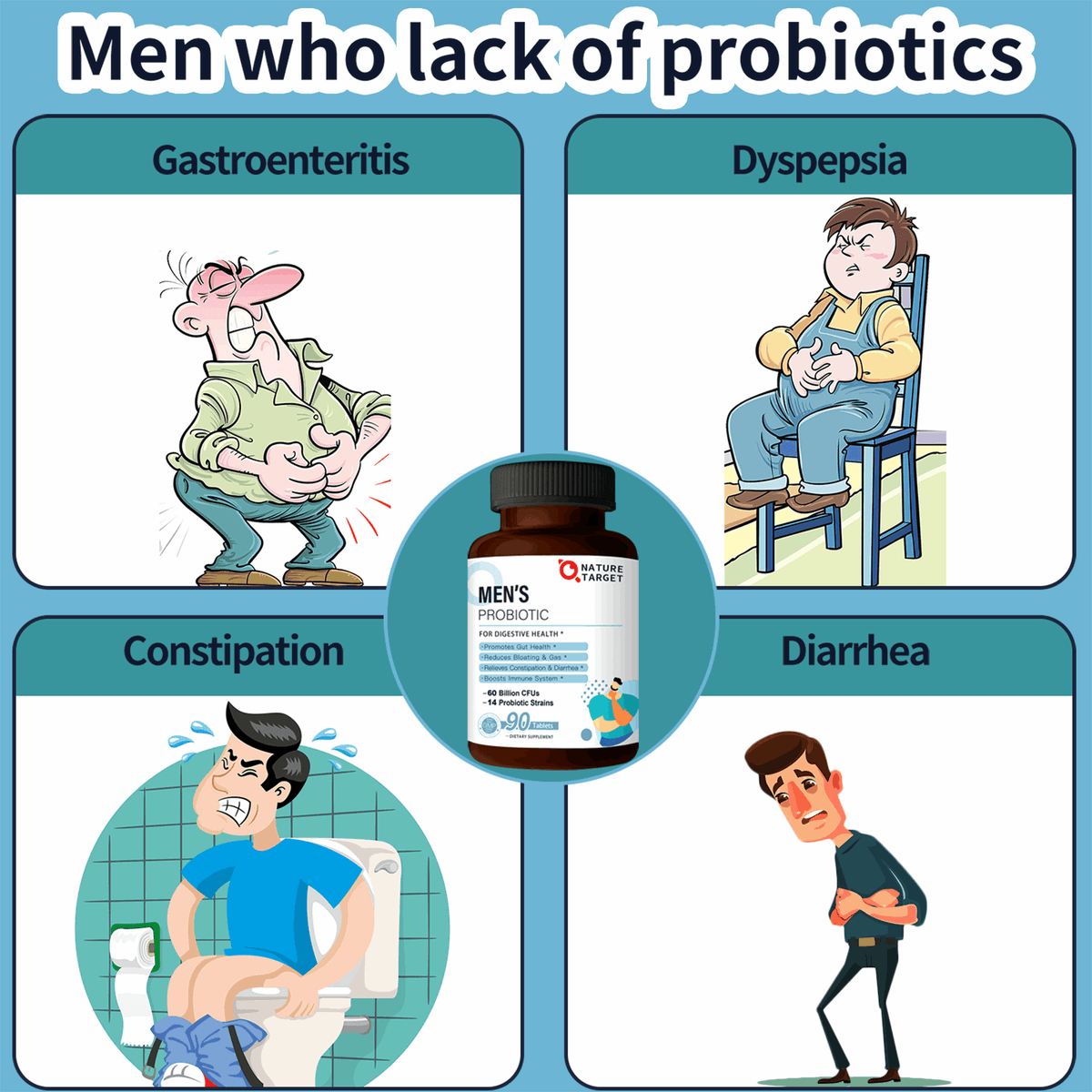 Men's Probiotics 60 Billion CFUs, 14 Strains + Organic Prebiotics, 90 Tablets