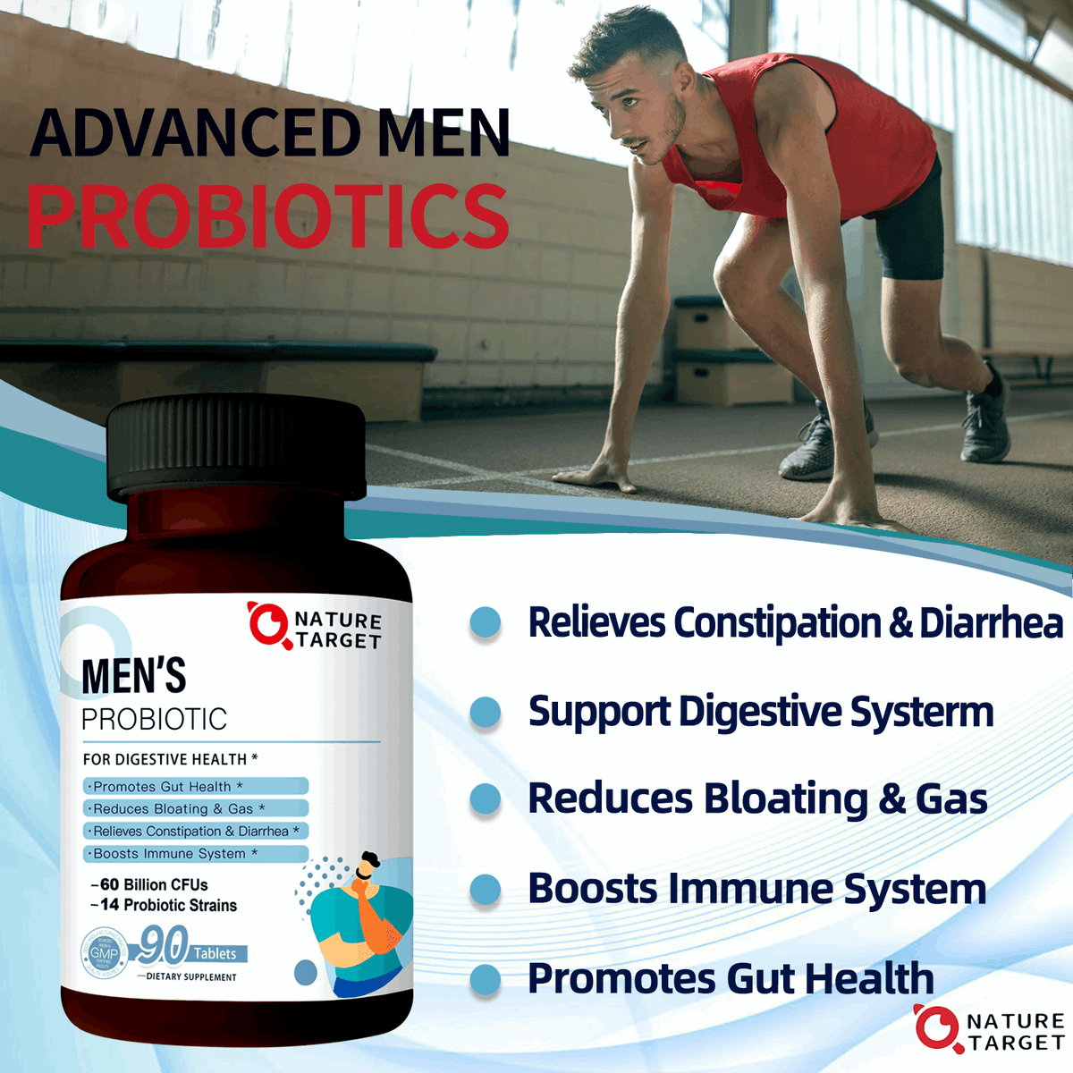 Men's Probiotics 60 Billion CFUs, 14 Strains + Organic Prebiotics, 90 Tablets