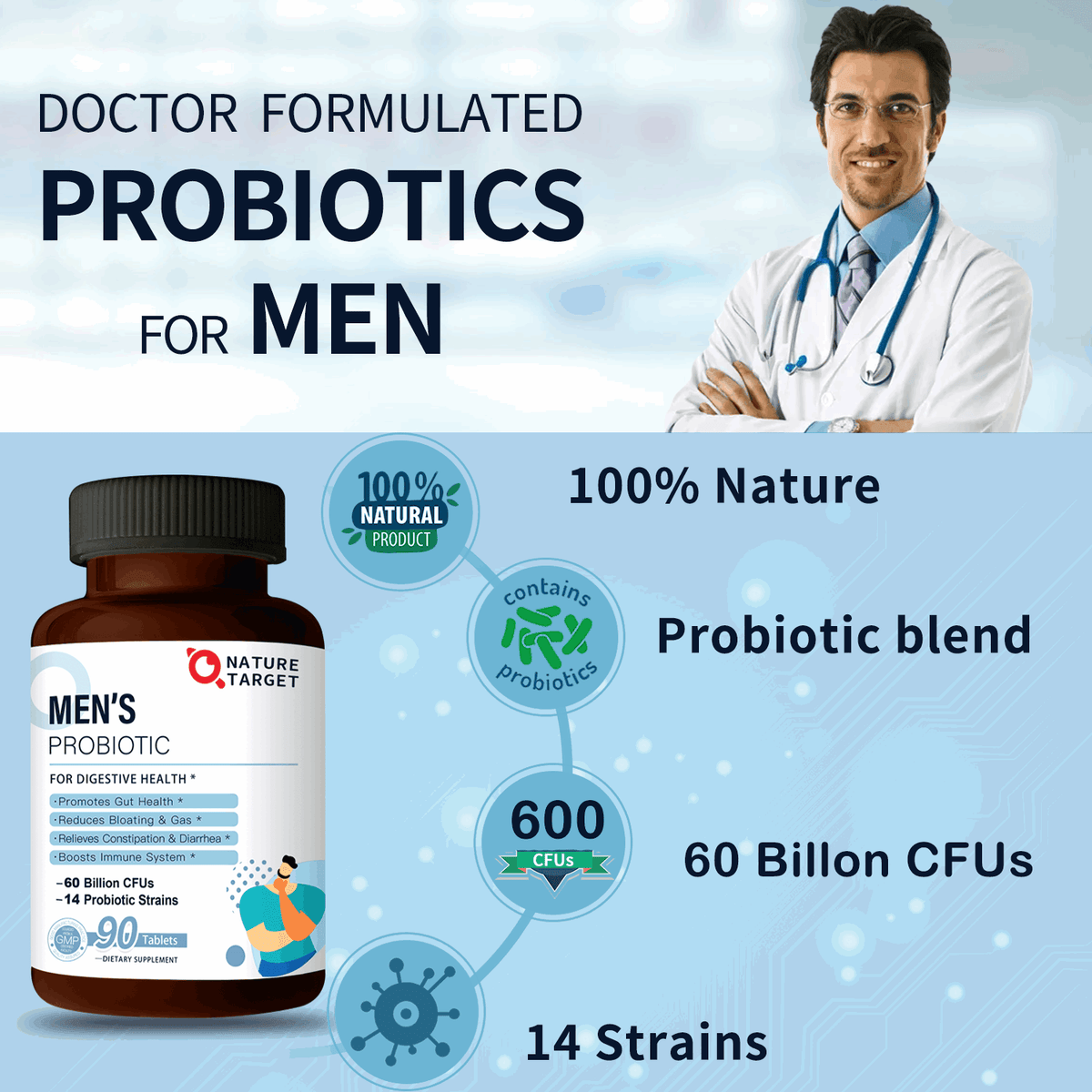 Men's Probiotics 60 Billion CFUs, 14 Strains + Organic Prebiotics, 90 Tablets
