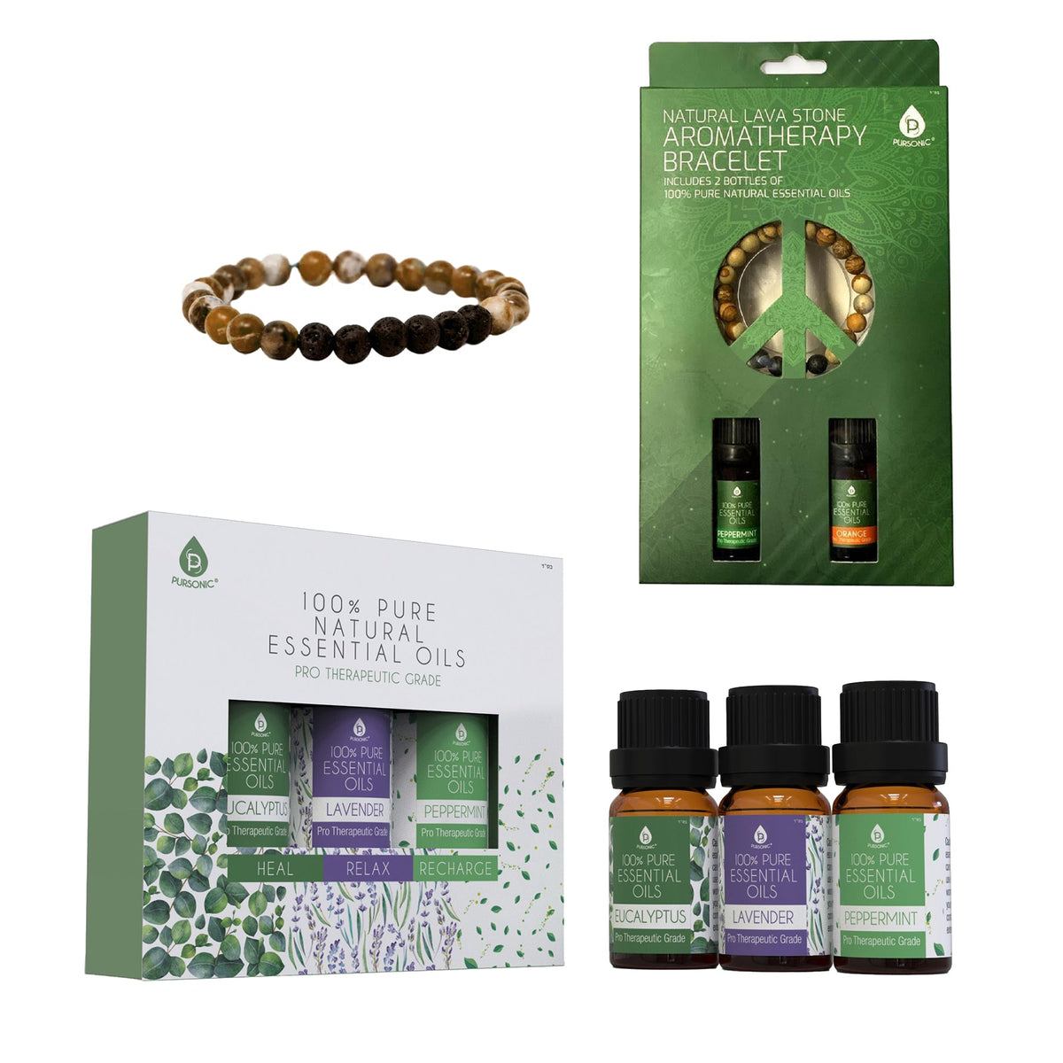 Pursonic Aromatherapy Bliss Set: Pulsera de piedra de lava con aceites esenciales 100 % puros