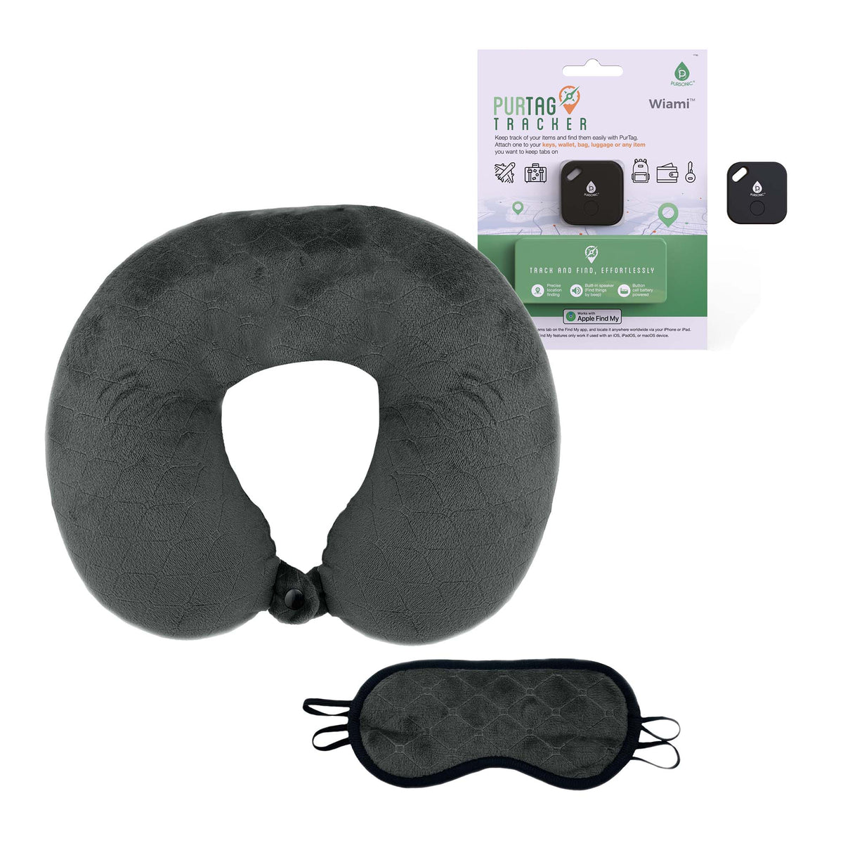 Paquete Viajero Consciente: Almohada de viaje de espuma viscoelástica con antifaz para dormir y rastreador de Purtag
