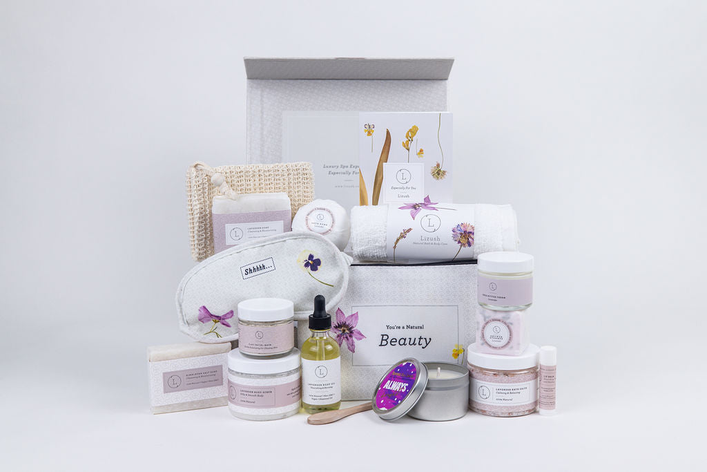 Regalo para un día especial, cesta de regalo de cumpleaños, baño y cuerpo natural de lavanda