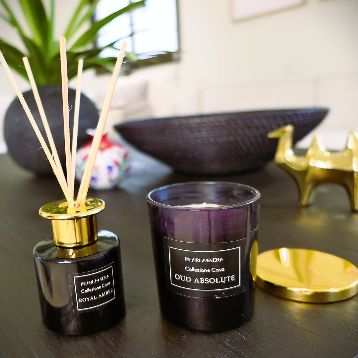 Vela de vidrio de 7 oz de madera de roble con tapa dorada