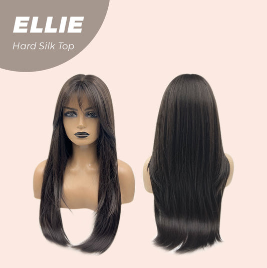 HOT OF SEASON - JBEXTENSION 26 Inches Scalpiana Tea Black Darkest Brown Wolf Cut 3.5X4 Hard Silky Top Natural Scalp Effect Wig With Bangs ELLIE SILK TOP