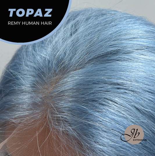 JBEXTENSION GEMSTONE COLLECTION 12 Inches Real Human Hair Light Blue Bob Cut Free Parting Wig TOPAZ